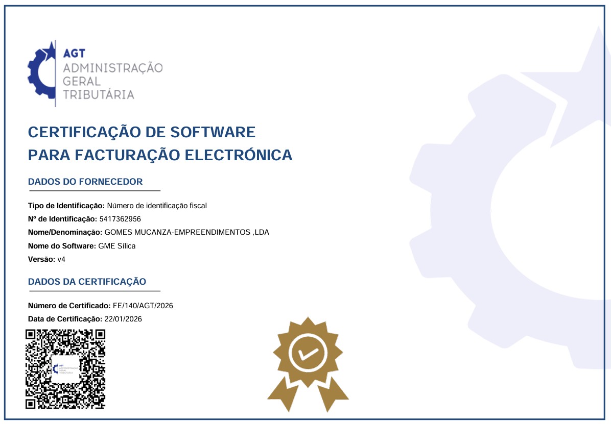 Certificado AGT - Sílica ERP